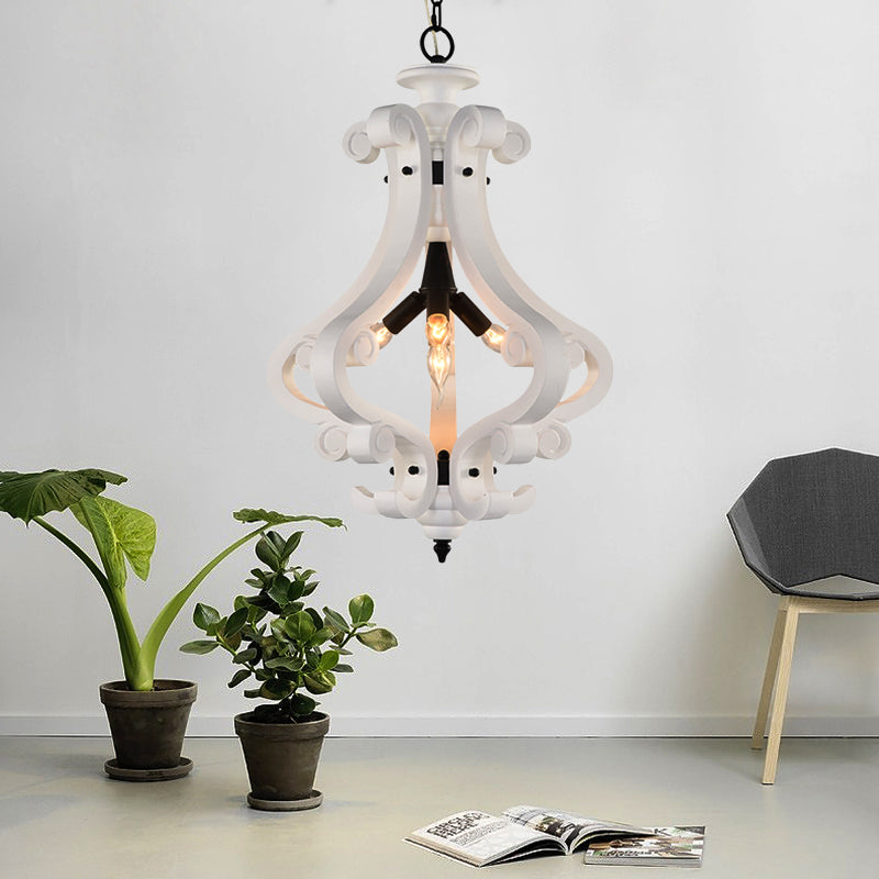 4 Lights Beige/White Chandelier Lamp Traditional Wood Lantern Bedroom Hanging Ceiling Light