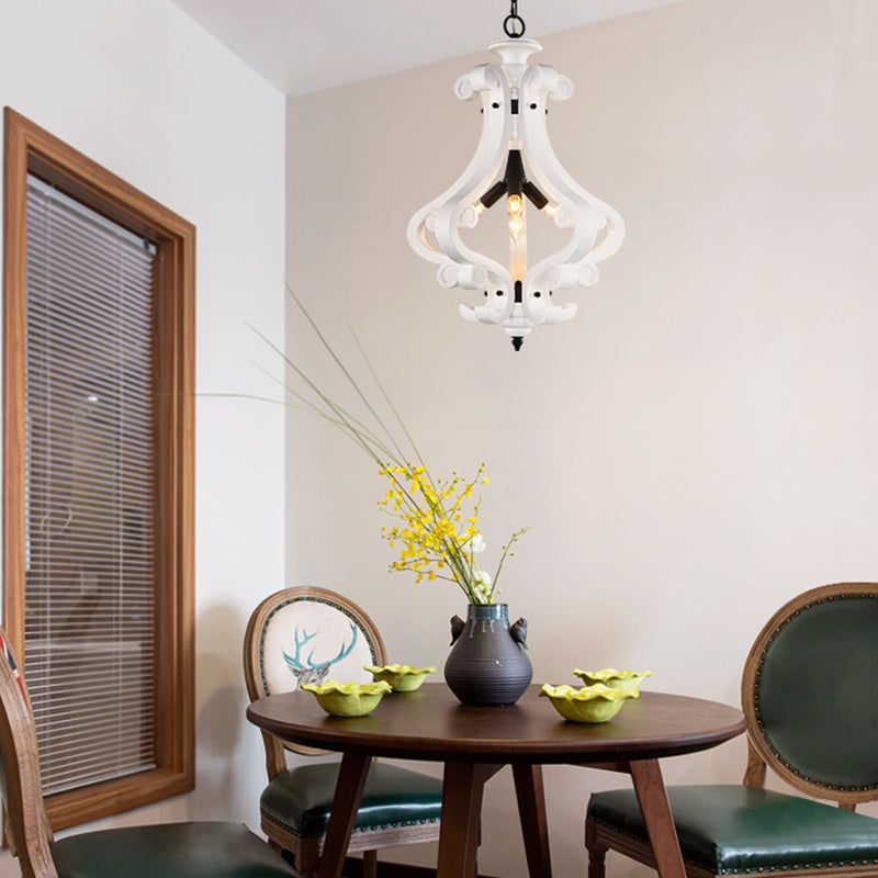 4 Lights Beige/White Chandelier Lamp Traditional Wood Lantern Bedroom Hanging Ceiling Light