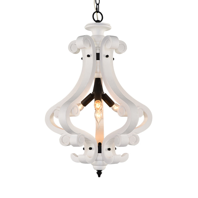 4 Lights Beige/White Chandelier Lamp Traditional Wood Lantern Bedroom Hanging Ceiling Light