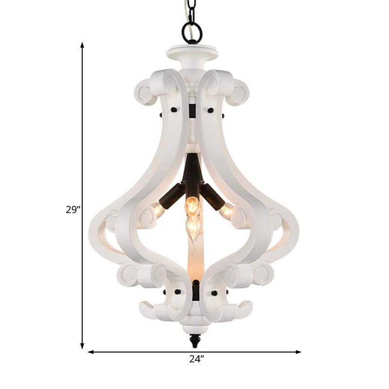 4 Lights Beige/White Chandelier Lamp Traditional Wood Lantern Bedroom Hanging Ceiling Light