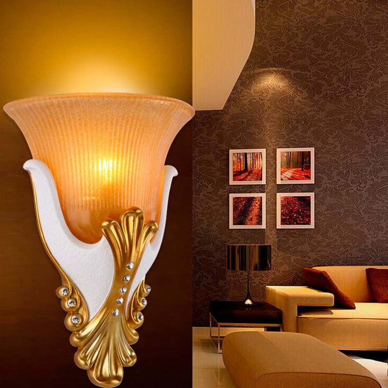 1 Light Ribbed Glass Wall Light Vintage White/Yellow Bell Shaped Bedside Sconce Light, 9.5"/13" Wide