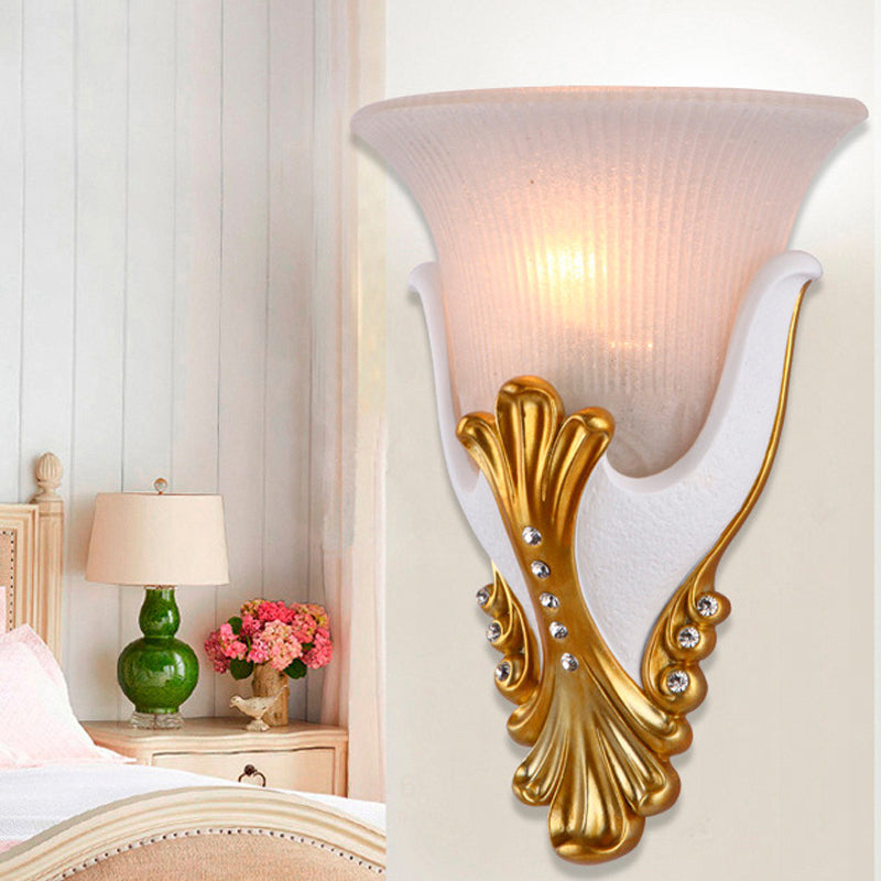 1 Light Ribbed Glass Wall Light Vintage White/Yellow Bell Shaped Bedside Sconce Light, 9.5"/13" Wide