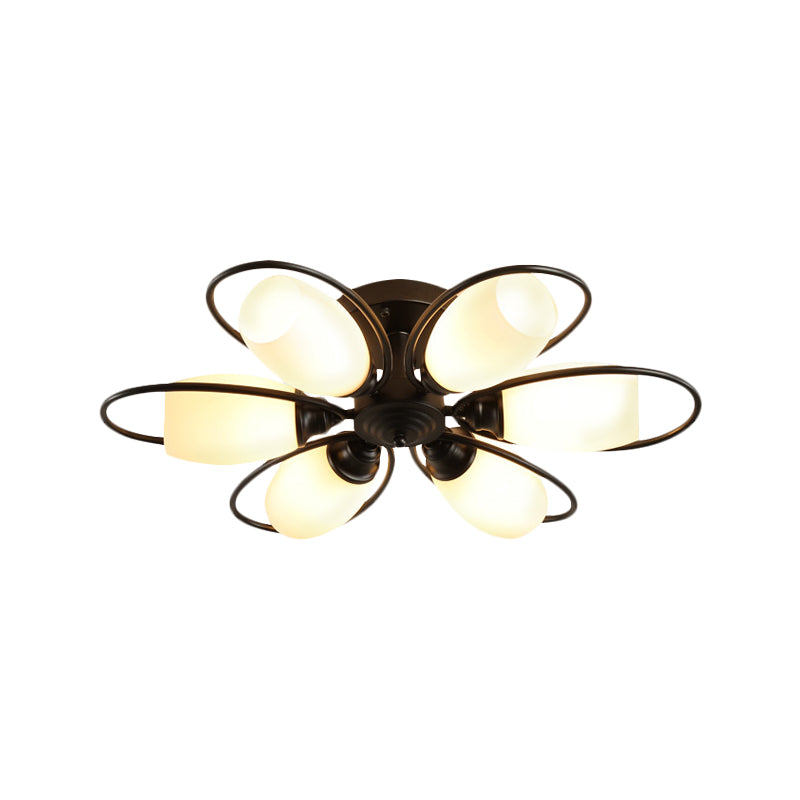 3/6/8 luces Semi Flush Mount Flower Flower Vidrio Blanco Luz de techo en negro para sala de estar
