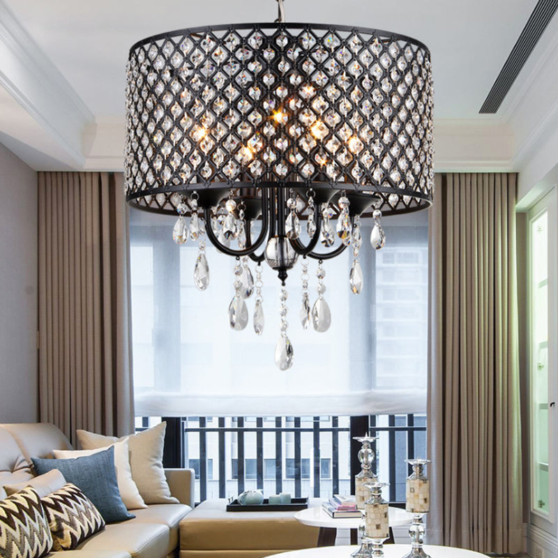 Crystal Black/Chrome Pendant Lamp Drum Shaped 4 Lights Rustic Chandelier Light Fixture for Dining Room