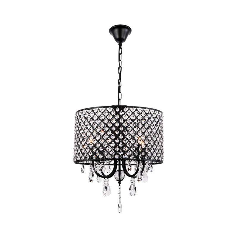 Crystal Black/Chrome Pendant Lamp Drum Shaped 4 Lights Rustic Chandelier Light Fixture for Dining Room