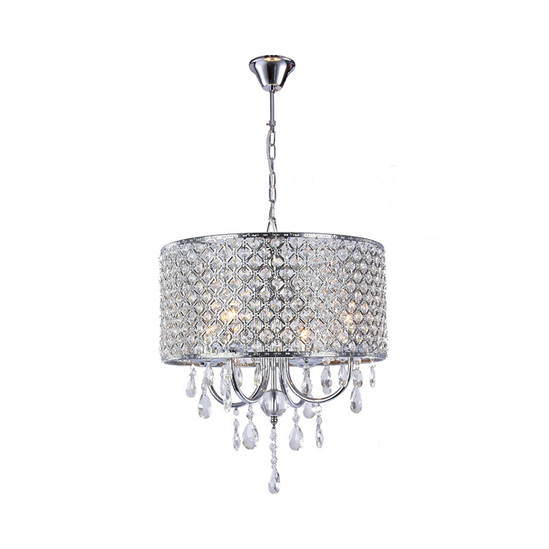 Crystal Black/Chrome Pendant Lamp Drum Shaped 4 Lights Rustic Chandelier Light Fixture for Dining Room