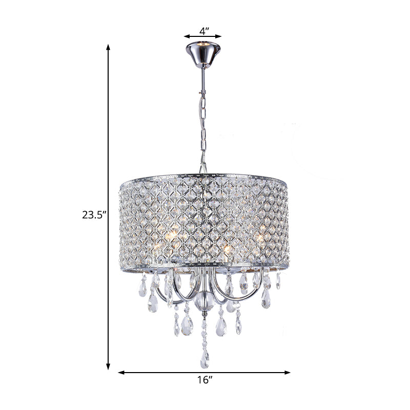 Crystal Black/Chrome Pendant Lamp Drum Shaped 4 Lights Rustic Chandelier Light Fixture for Dining Room
