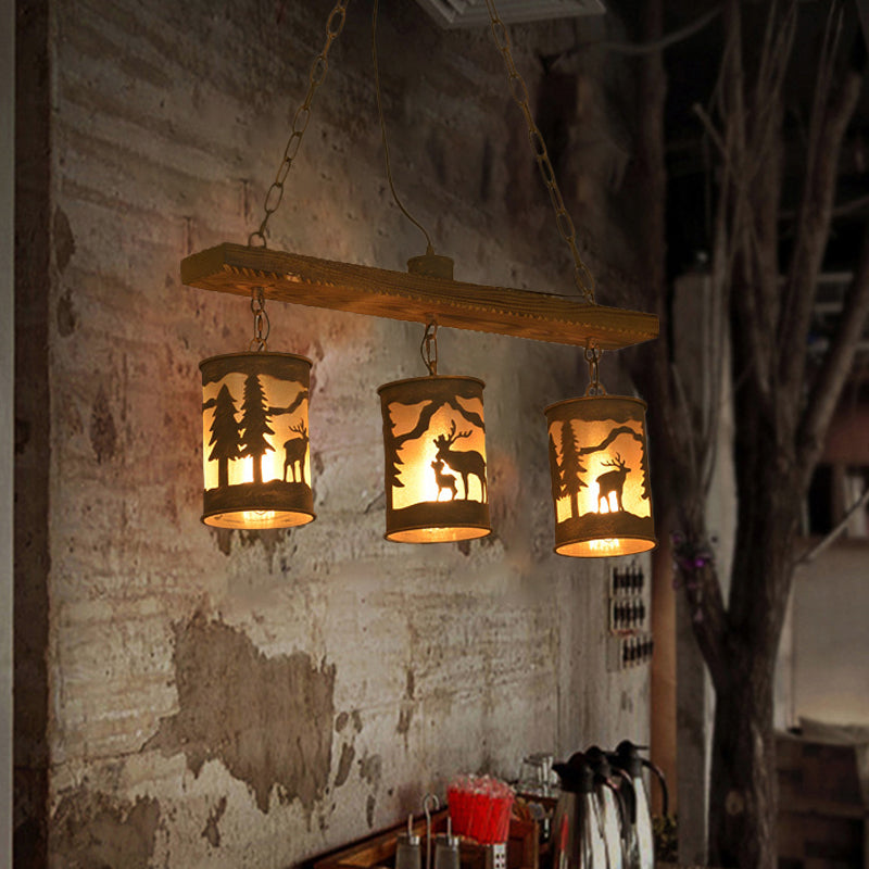 Cylinder Island Chandelier Light with Metal and Fabric Shade 3/5/6 Lights Vintage Hanging Lamp in Rust