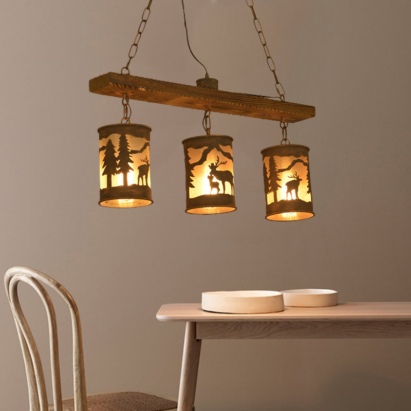 Cylinder Island Chandelier Light with Metal and Fabric Shade 3/5/6 Lights Vintage Hanging Lamp in Rust