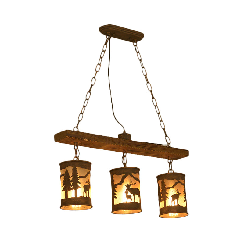 Cylinder Island Chandelier Light with Metal and Fabric Shade 3/5/6 Lights Vintage Hanging Lamp in Rust