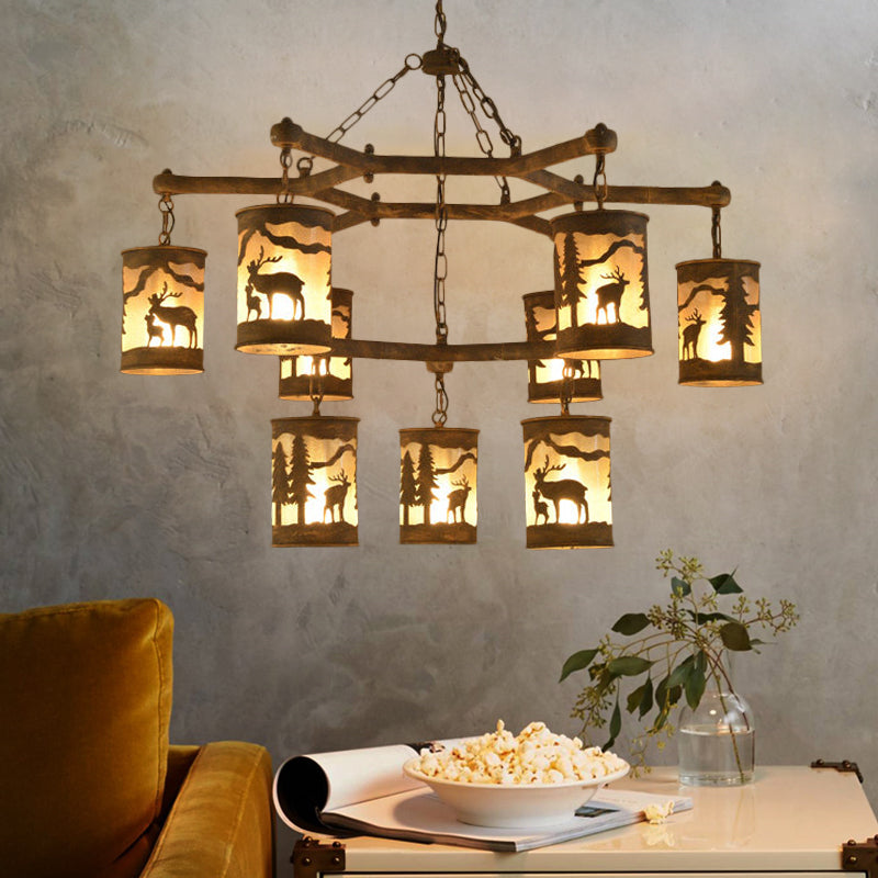 Cylinder Metal and Fabric Chandelier Light Rustic 3/6/9 Lights Dining Room Pendant Lighting in Brown with Deer Pattern