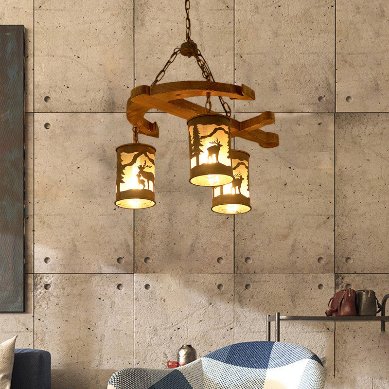 Cylinder Living Room Chandelier Rustic Wood 3 Lights Brown Hanging Fixture with Anchor Accents