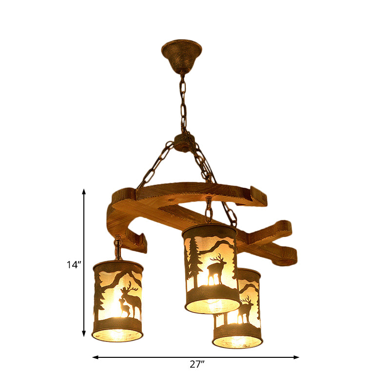 Cylinder Living Room Chandelier Rustic Wood 3 Lights Brown Hanging Fixture with Anchor Accents