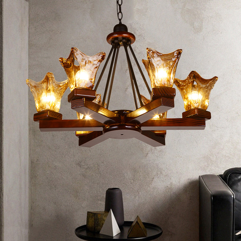 Houten bloemvormige hangende kroonluchter rustiek 4/6 lichten eetkamer hanglamp in roodbruin met bruin gestructureerd glas