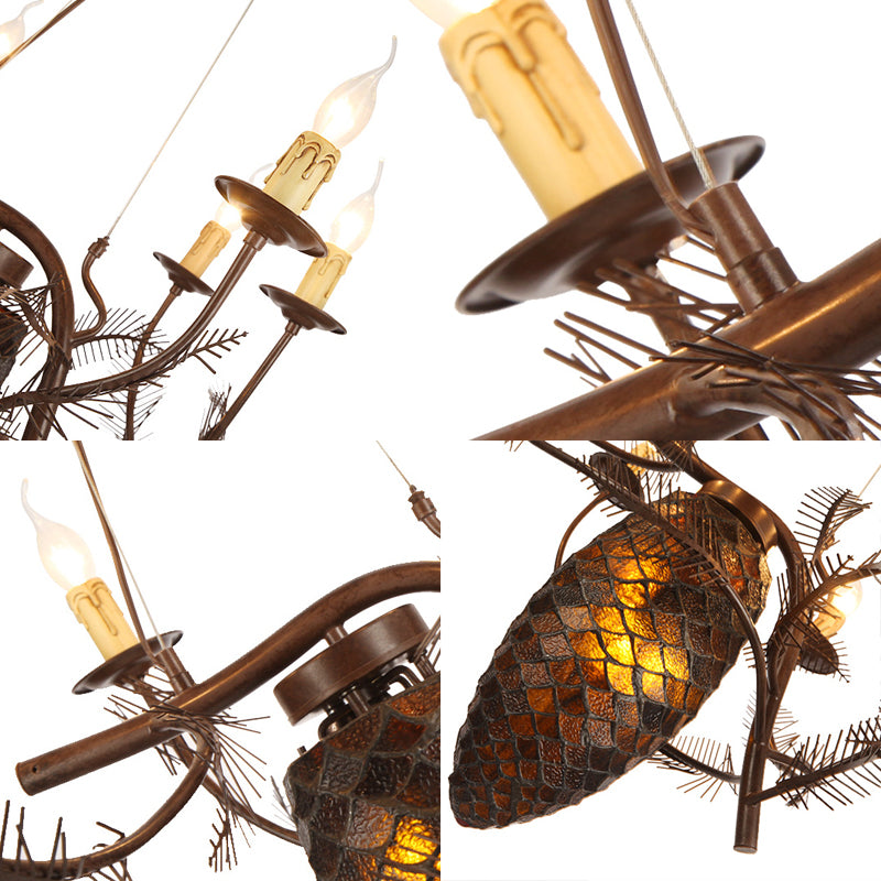 Metal Coffee Pendant Lamp Pinecone 9 Lights Rustic Chandelier Light Fixture for Dining Room