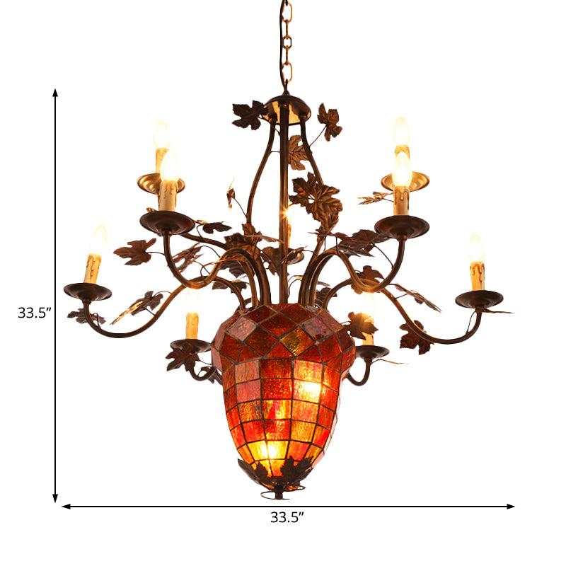 12 Lights Candle Chandelier Rustic Brown Metal Pendant Light Fixture for Living Room with Pinecone