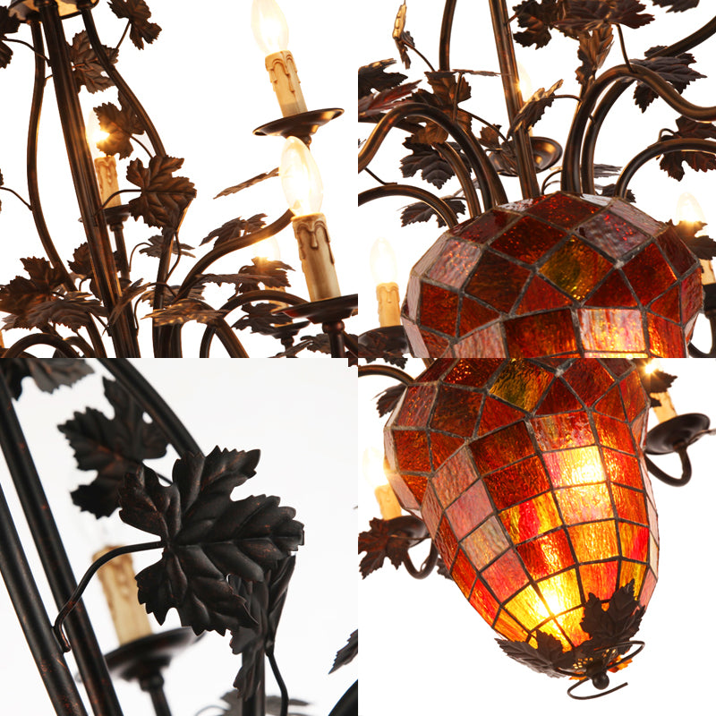 12 Lights Candle Chandelier Rustic Brown Metal Pendant Light Fixture for Living Room with Pinecone