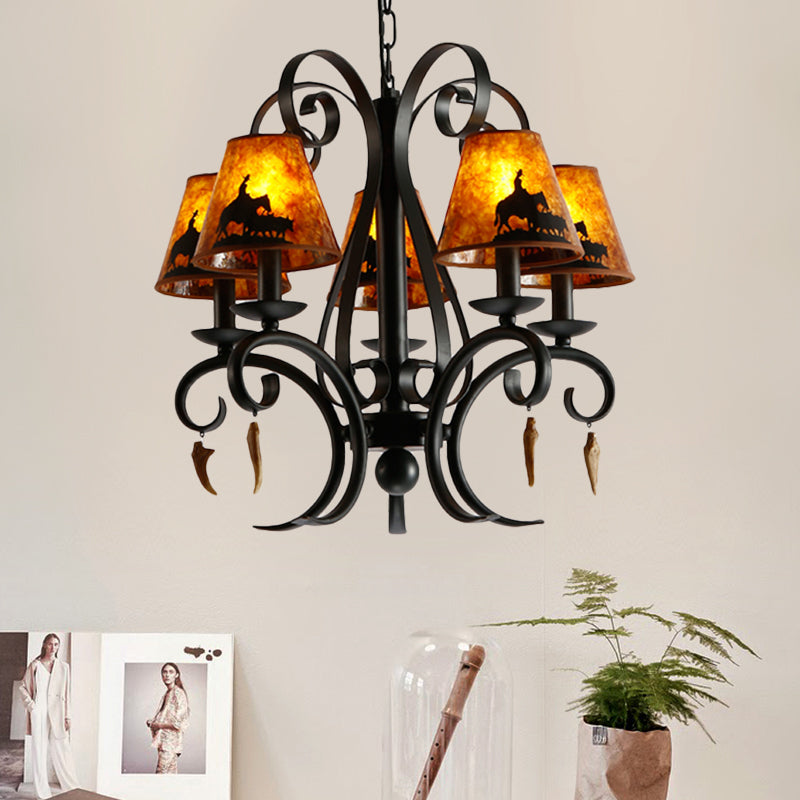 5 ampoules salle à manger lampe de plafond country métal métal noir de lustre noir avec une teinte en tissu cône