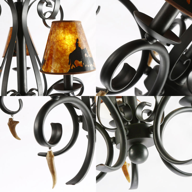 5 ampoules salle à manger lampe de plafond country métal métal noir de lustre noir avec une teinte en tissu cône