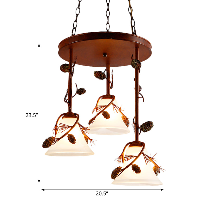 Bell Metal Chandelier Light Country 3 Lights Dining Room Pendant Lighting in Red Brown