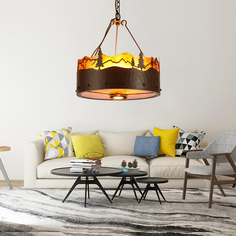 Brun 3 lumières lustre luminaire luminaire rustique Pleen à tambour à tambour avec motif d'arbres