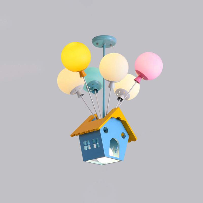 Blue Balloon House Hanging Lamp Cartoon 6 Bulbs Wooden Chandelier with Multi-Colored Glass Shade