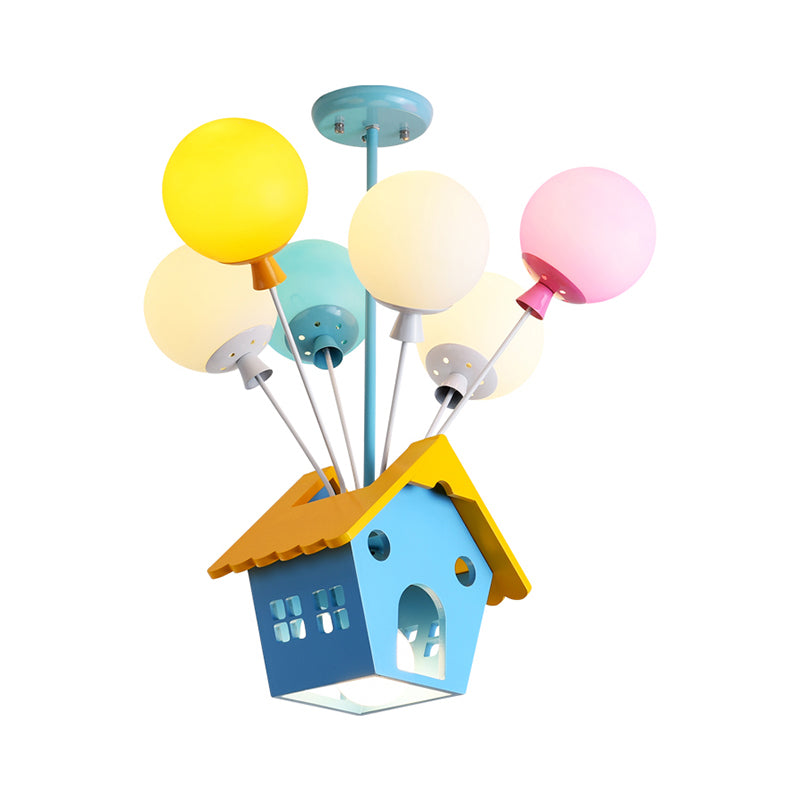 Blue Balloon House Hanging Lamp Cartoon 6 Bulbs Wooden Chandelier with Multi-Colored Glass Shade