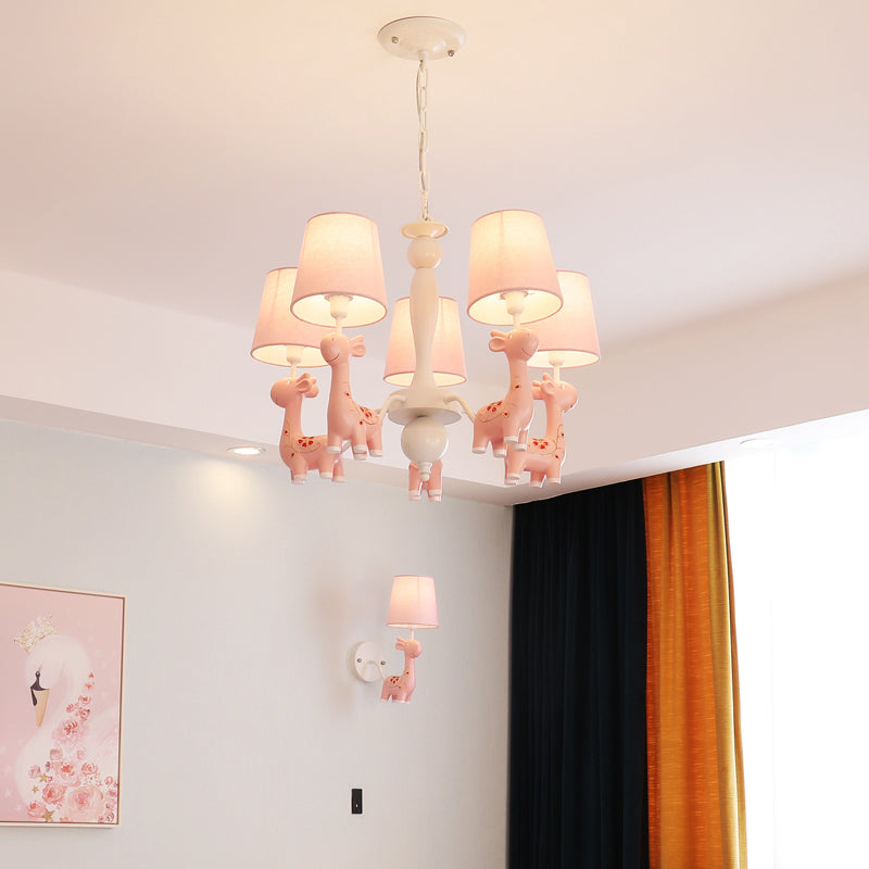 Sika Deer Hanging Ceiling Light Cartoon Resin Chandelier with Tapered Fabric Shade