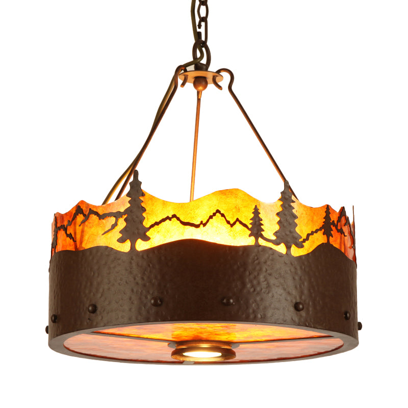 Brun 3 lumières lustre luminaire luminaire rustique Pleen à tambour à tambour avec motif d'arbres