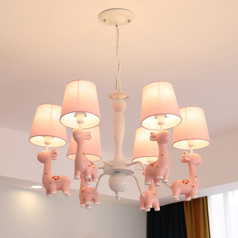 Sika Deer Hanging Ceiling Light Cartoon Resin Chandelier with Tapered Fabric Shade