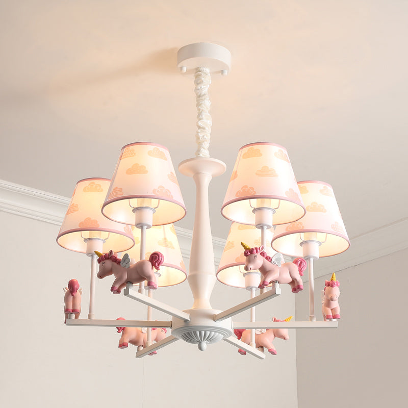Print Fabric Conical Hanging Light Kids Style Pink Chandelier Light Fixture with Unicorn Deco