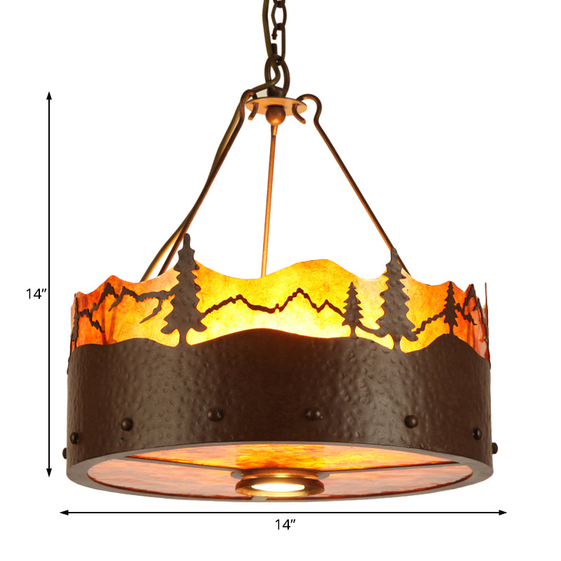 Brun 3 lumières lustre luminaire luminaire rustique Pleen à tambour à tambour avec motif d'arbres