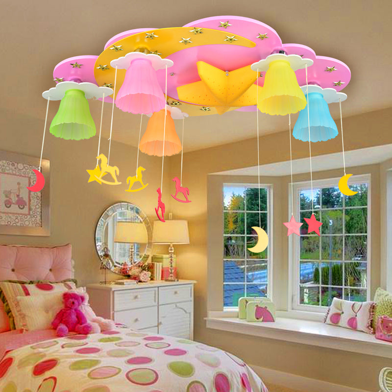 Salle pour enfants LED Semi Flush Mounted Cartoon Plafond Plafond avec cloche en verre multicolore