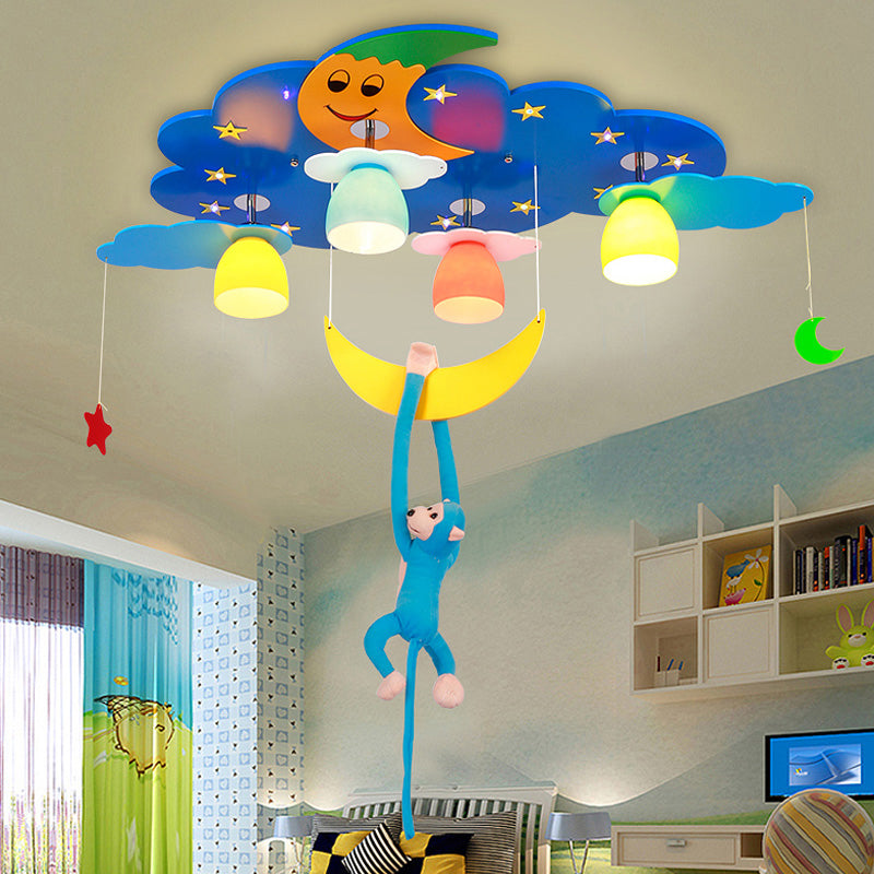 Stained Glass Bell Ceiling Lamp Cartoon 5-Head Semi Flush Light with Plush Monkey for Childrens Room