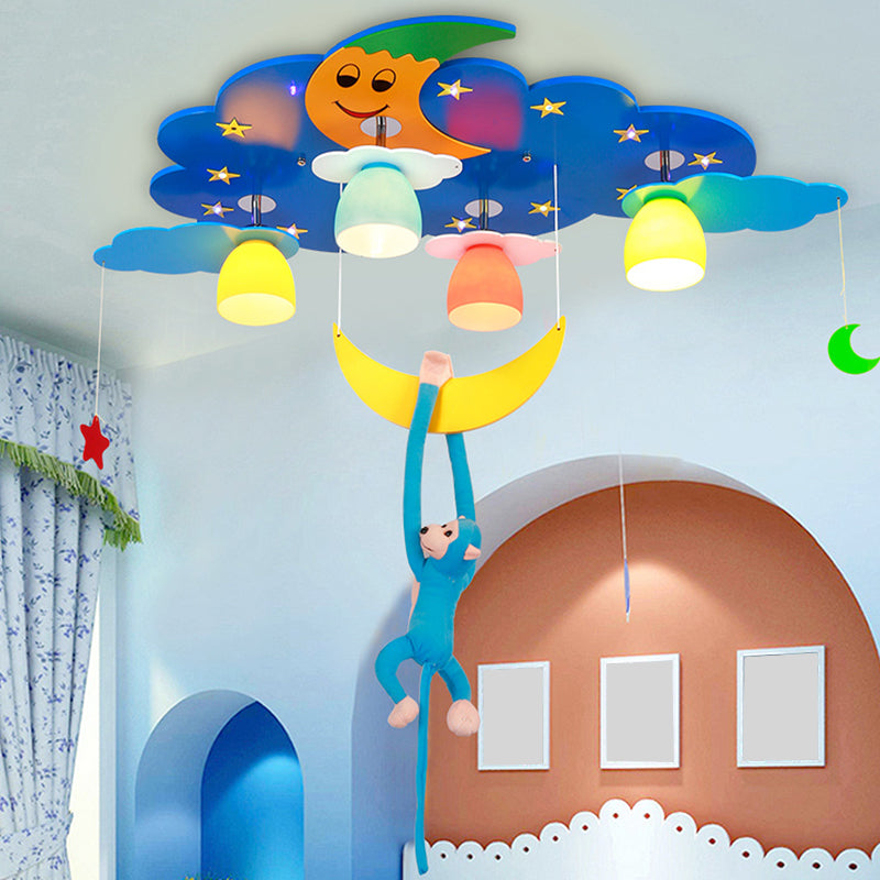 Stained Glass Bell Ceiling Lamp Cartoon 5-Head Semi Flush Light with Plush Monkey for Childrens Room