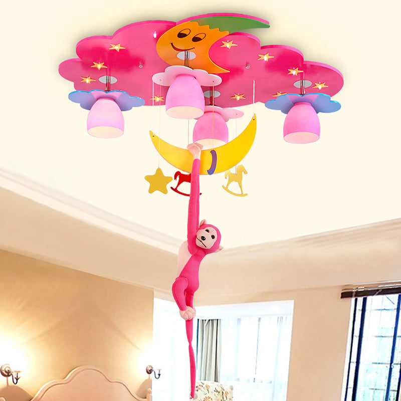 Stained Glass Bell Ceiling Lamp Cartoon 5-Head Semi Flush Light with Plush Monkey for Childrens Room