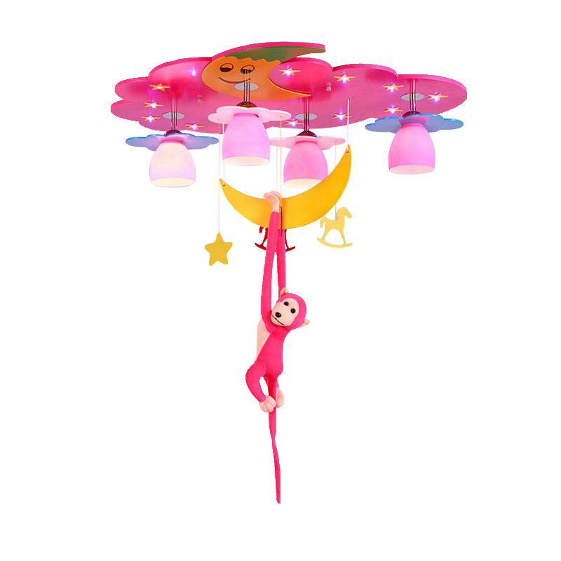Stained Glass Bell Ceiling Lamp Cartoon 5-Head Semi Flush Light with Plush Monkey for Childrens Room