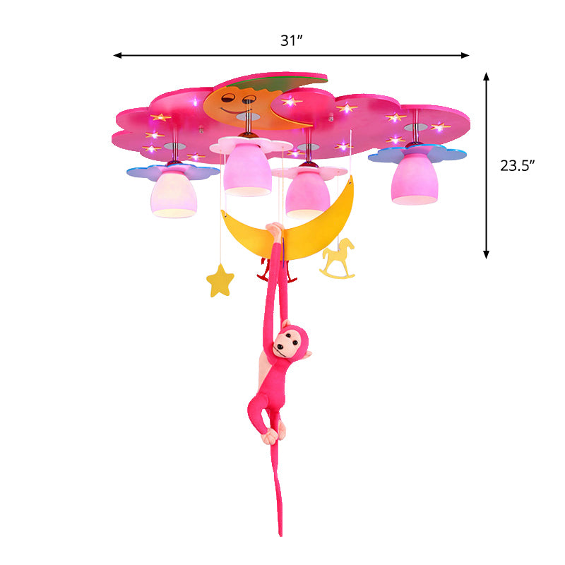 Stained Glass Bell Ceiling Lamp Cartoon 5-Head Semi Flush Light with Plush Monkey for Childrens Room
