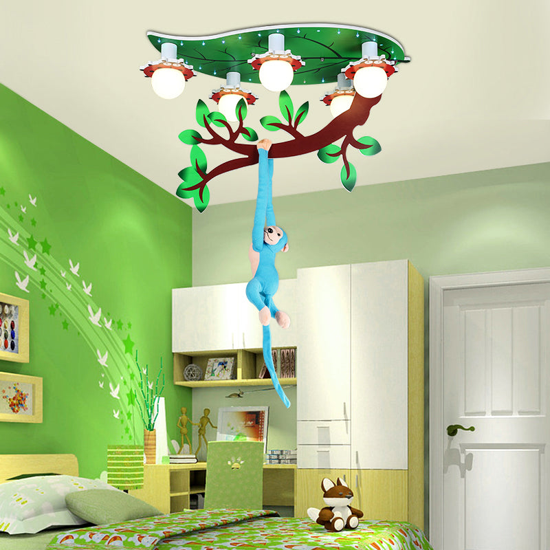 Cartoon Jungle Monkey Ceiling Flush Light Acrylic 5-Bulb Kindergarten Semi Mount Lighting in Green