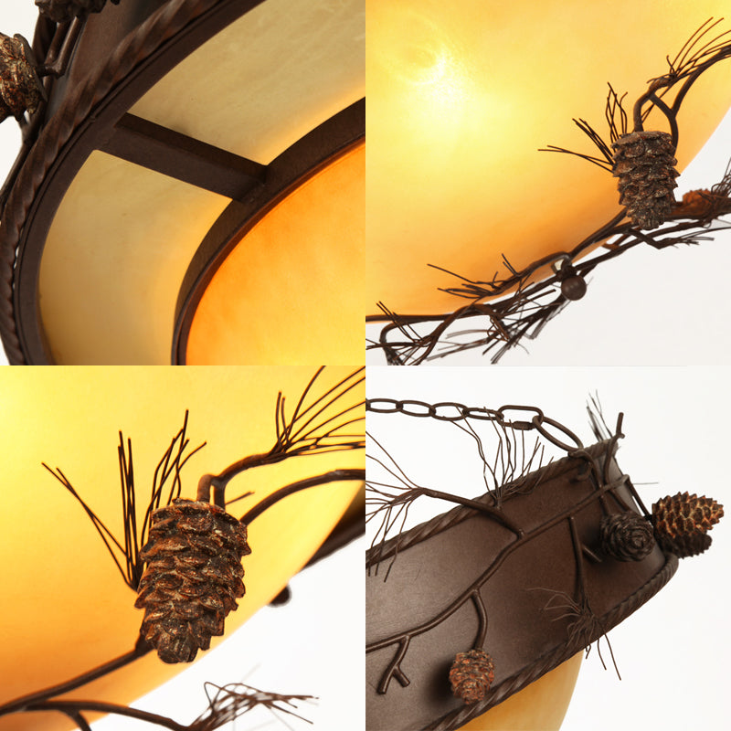 4 Lights Ceiling Light Country Bowl Frosted Glass Hanging Chandelier in Red Brown with Pinecone Accents