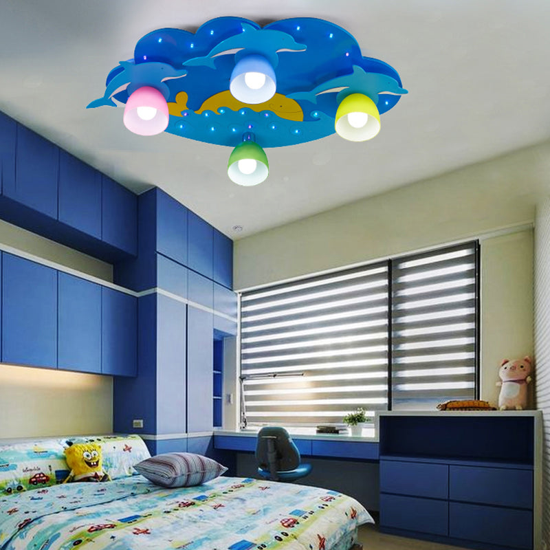 Cartoon Shape Wooden Ceiling Mounted Lamp Kids Style Blue Semi Flush Mount Lighting for Nursery