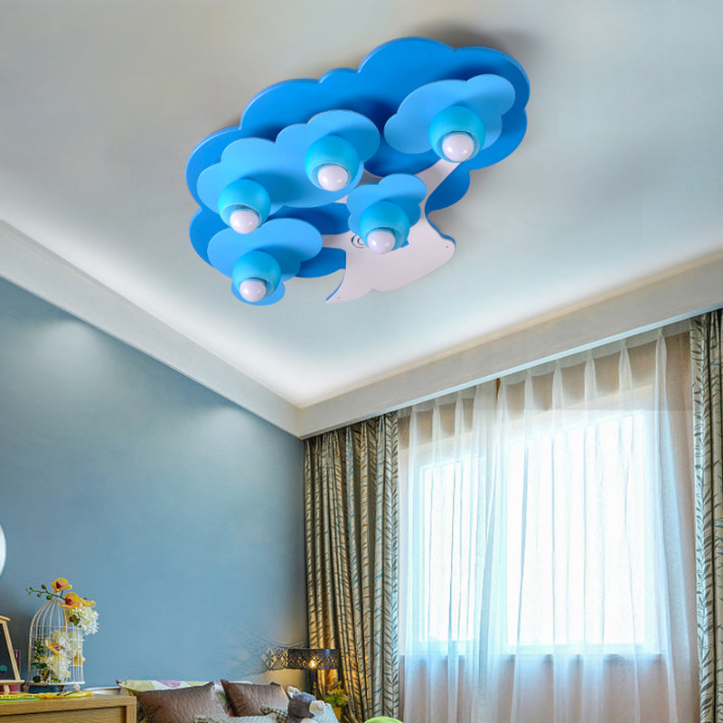 Cartoon Shape Wooden Ceiling Mounted Lamp Kids Style Blue Semi Flush Mount Lighting for Nursery