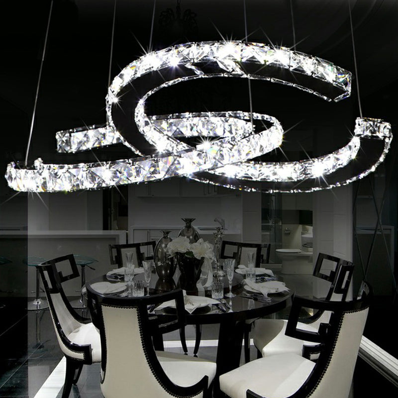 Crystal C Shaped LED Pendant Chandelier Minimalistic Stainless Steel Hanging Ceiling Light