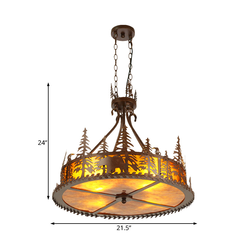 Chandelier rond marron country metal métal 3 lumières salon suspendu avec motif d'arbre