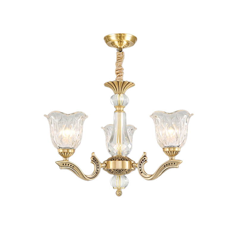3 Lights Chandelier Lighting Antique Scalloped Clear Crystal Glass Suspension Lamp in Gold