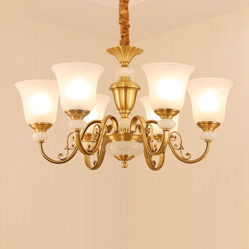 Frosted White Glass Bell Pendant Light Minimalist 6-Bulb Dining Room Chandelier in Gold