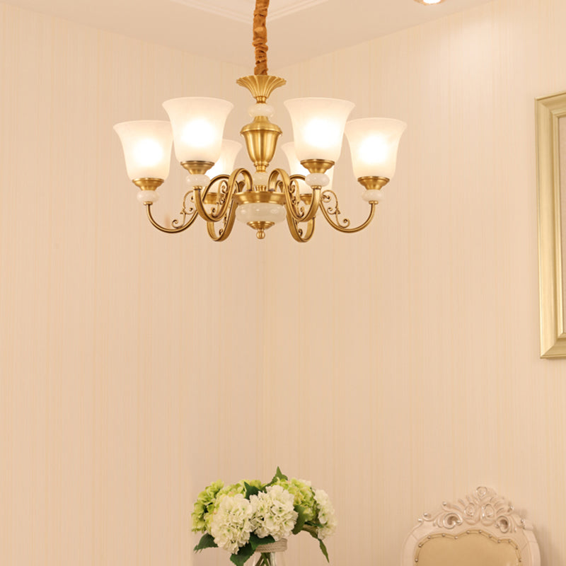 Frosted White Glass Bell Pendant Light Minimalist 6-Bulb Dining Room Chandelier in Gold