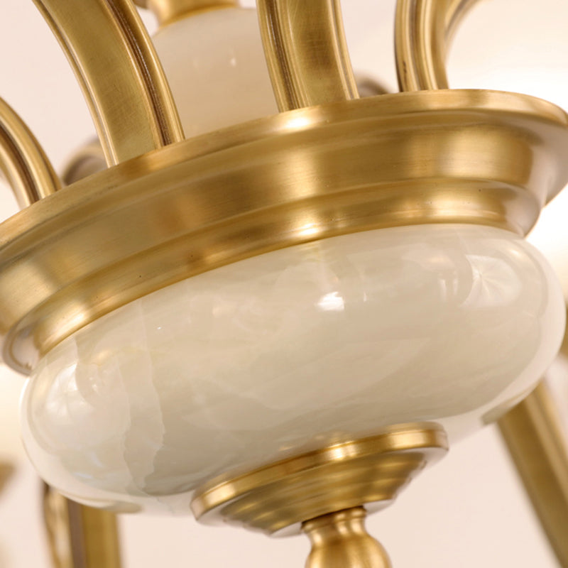 Frosted White Glass Bell Pendant Light Minimalist 6-Bulb Dining Room Chandelier in Gold