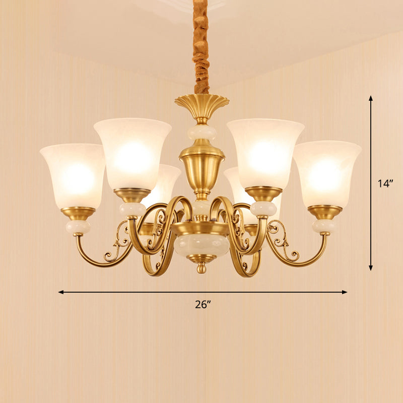 Frosted White Glass Bell Pendant Light Minimalist 6-Bulb Dining Room Chandelier in Gold