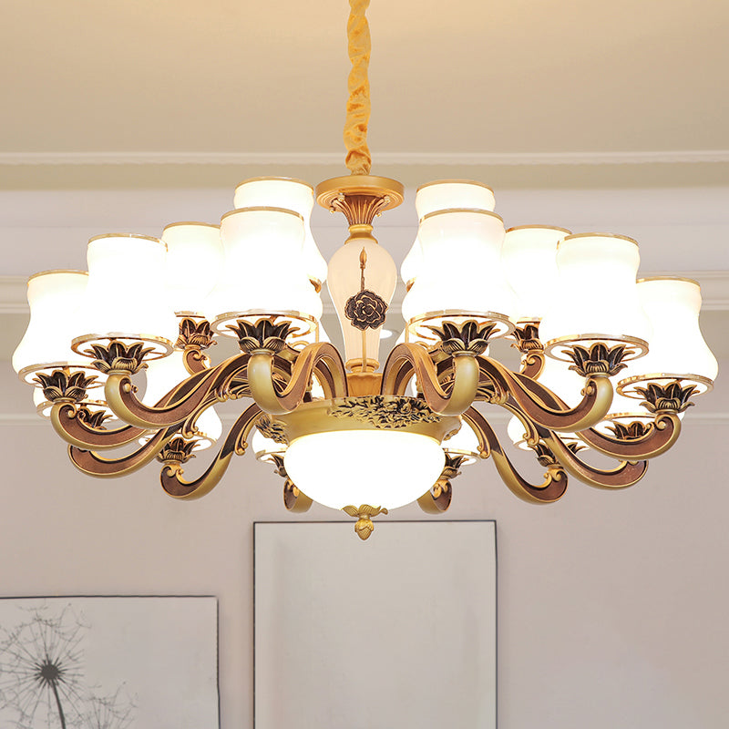 White Glass Flared Chandelier Vintage Dining Room Suspended Lighting Fixture in Brass